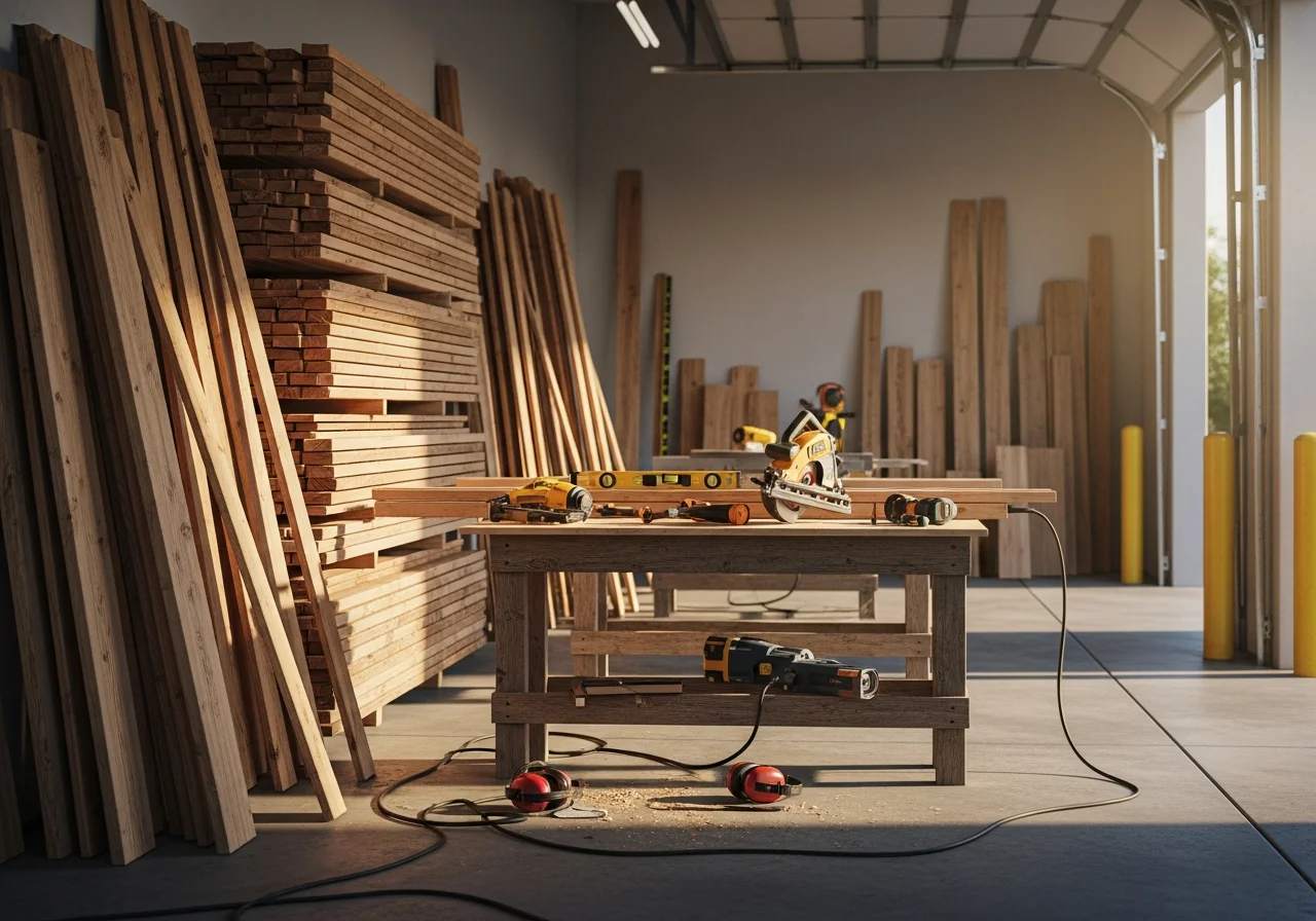 Construction site with tools and materials for exterior carpentry work, showcasing the craftsmanship and attention to detail typical of residential building projects.