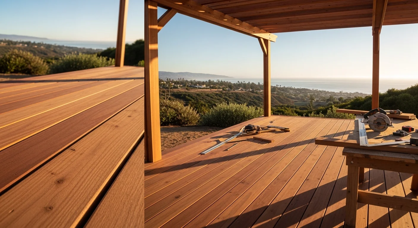 Custom wooden deck with pergola and railings overlooking a residential backyard