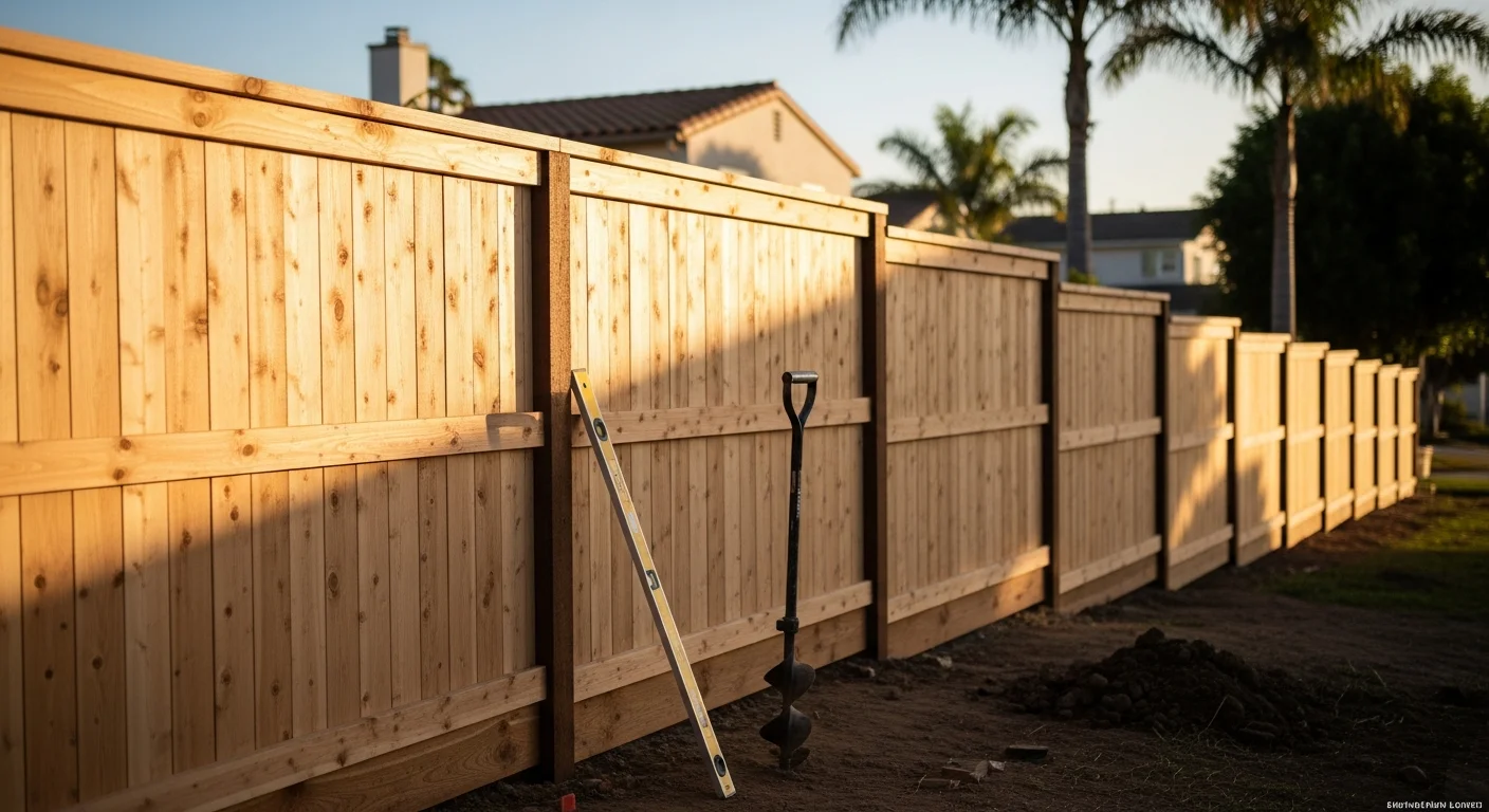 Newly installed wooden privacy fence along a residential property line