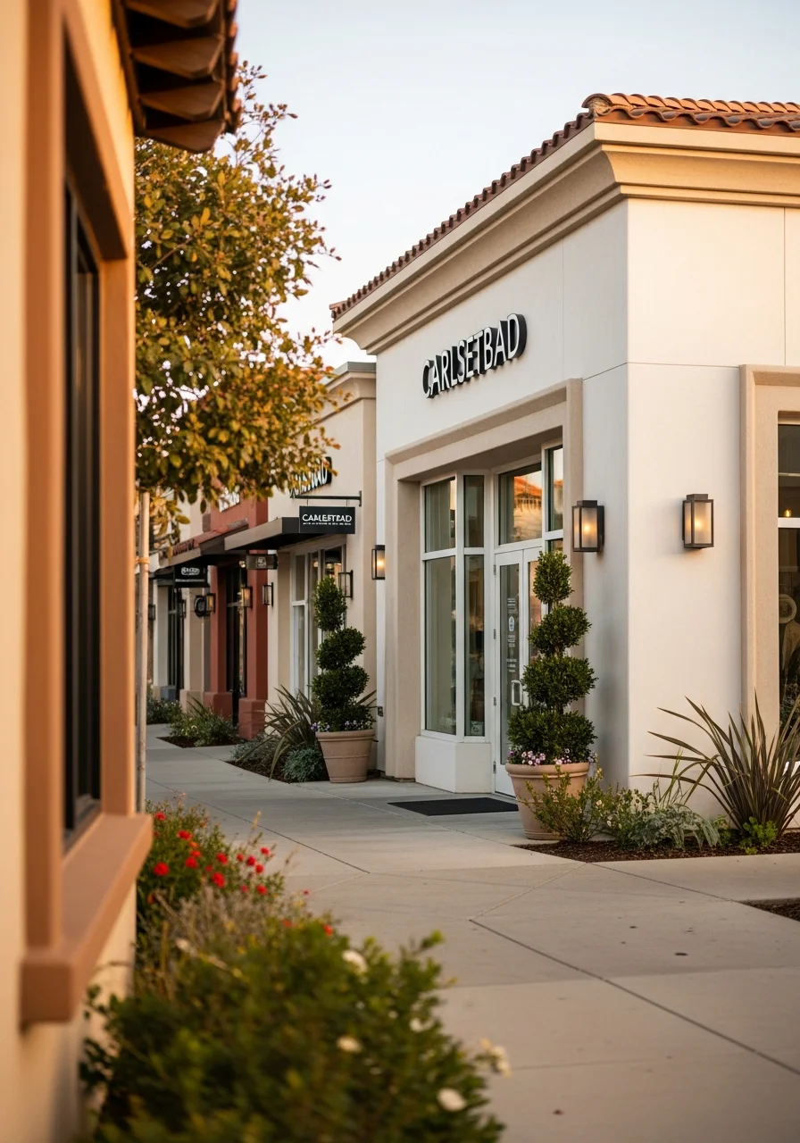 Carlsbad village-center property with updated facade and landscaping in afternoon light.