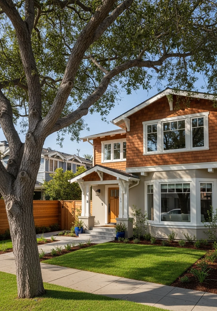 Encinitas neighborhood street with updated residential property and mature trees in natural light.