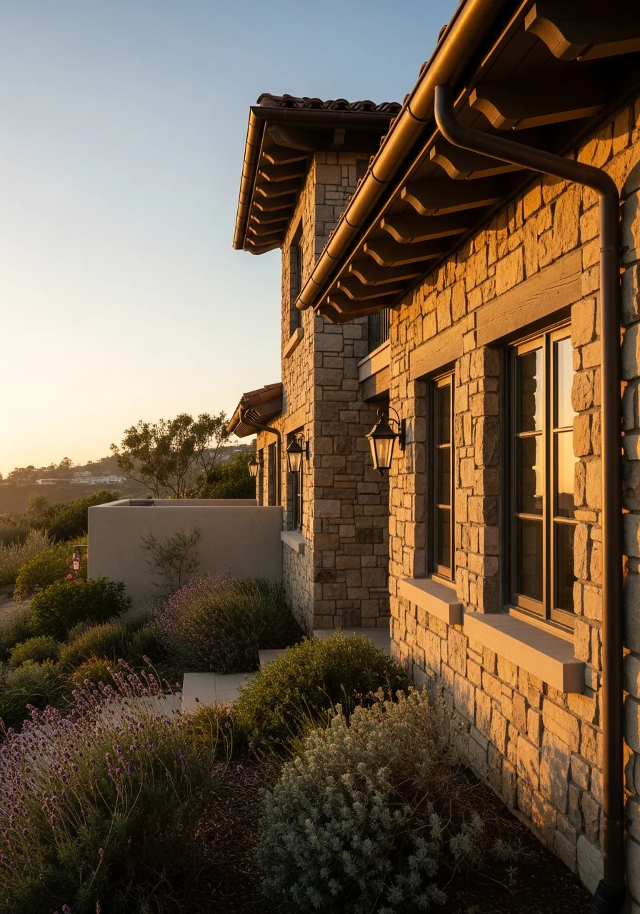 La Jolla hillside residence with architectural detail and mature landscaping.