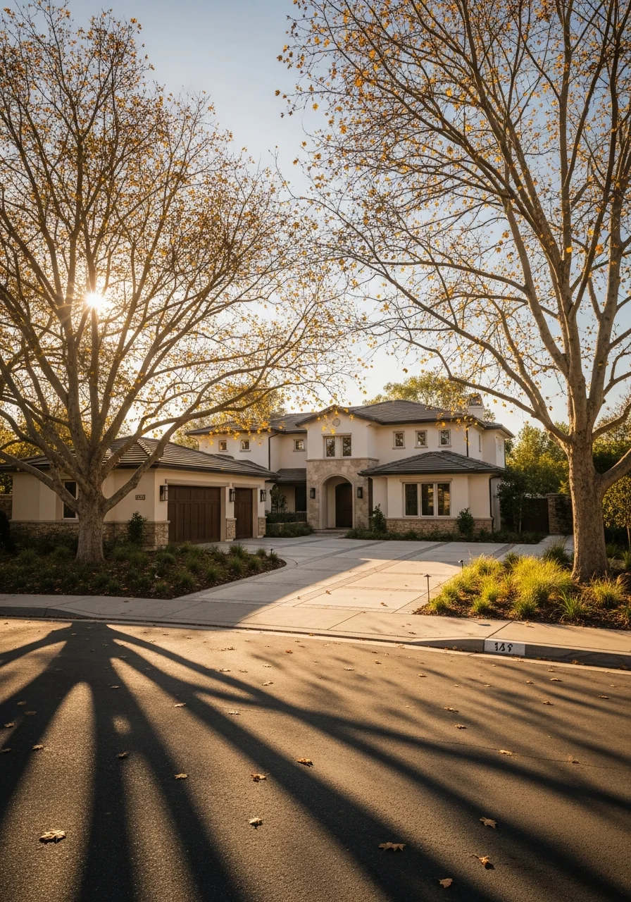 Poway property with modern finishes and mature trees in residential community.