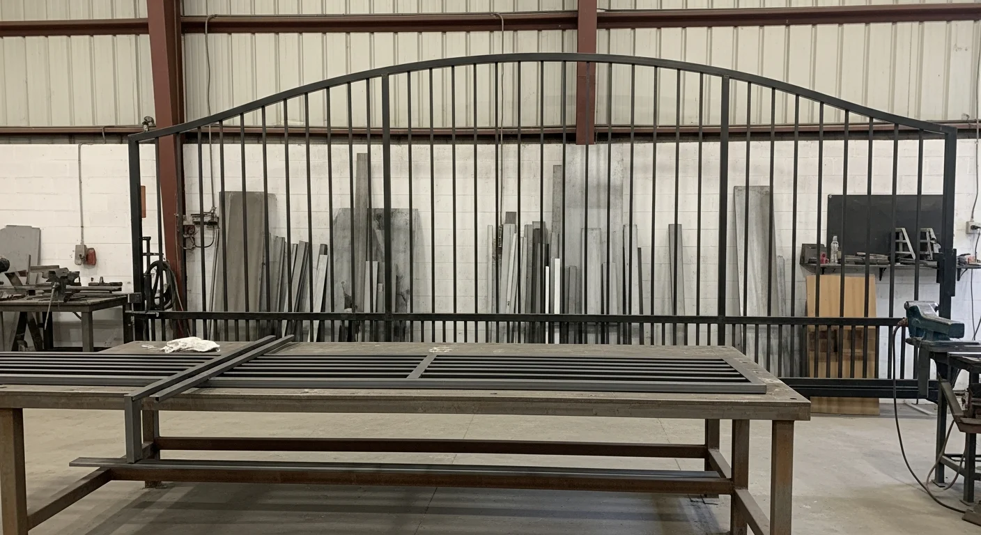 A finished custom fabricated metal gate installed at the driveway entrance of a residential property in Carlsbad, California. The gate is flush with the surrounding fence line and shows clean weld seams with a powder-coated finish.