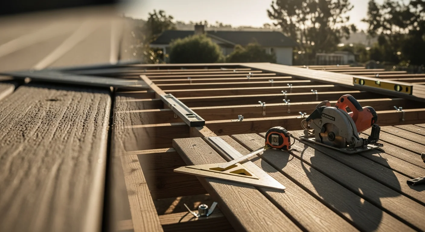 A newly built wood-framed backyard deck attached to a single-story Carlsbad home, with clean railing lines and an open yard view. The deck surface shows fresh carpentry work suited to a coastal North County San Diego residential property.