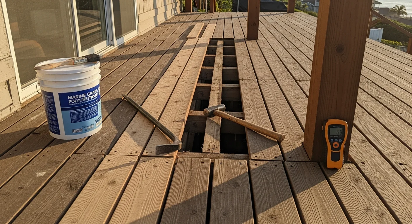 A repaired wood deck on a Carlsbad residential home showing replaced boards and secured railings. The structure sits adjacent to a coastal-style backyard with the repair work blending into the existing decking surface.