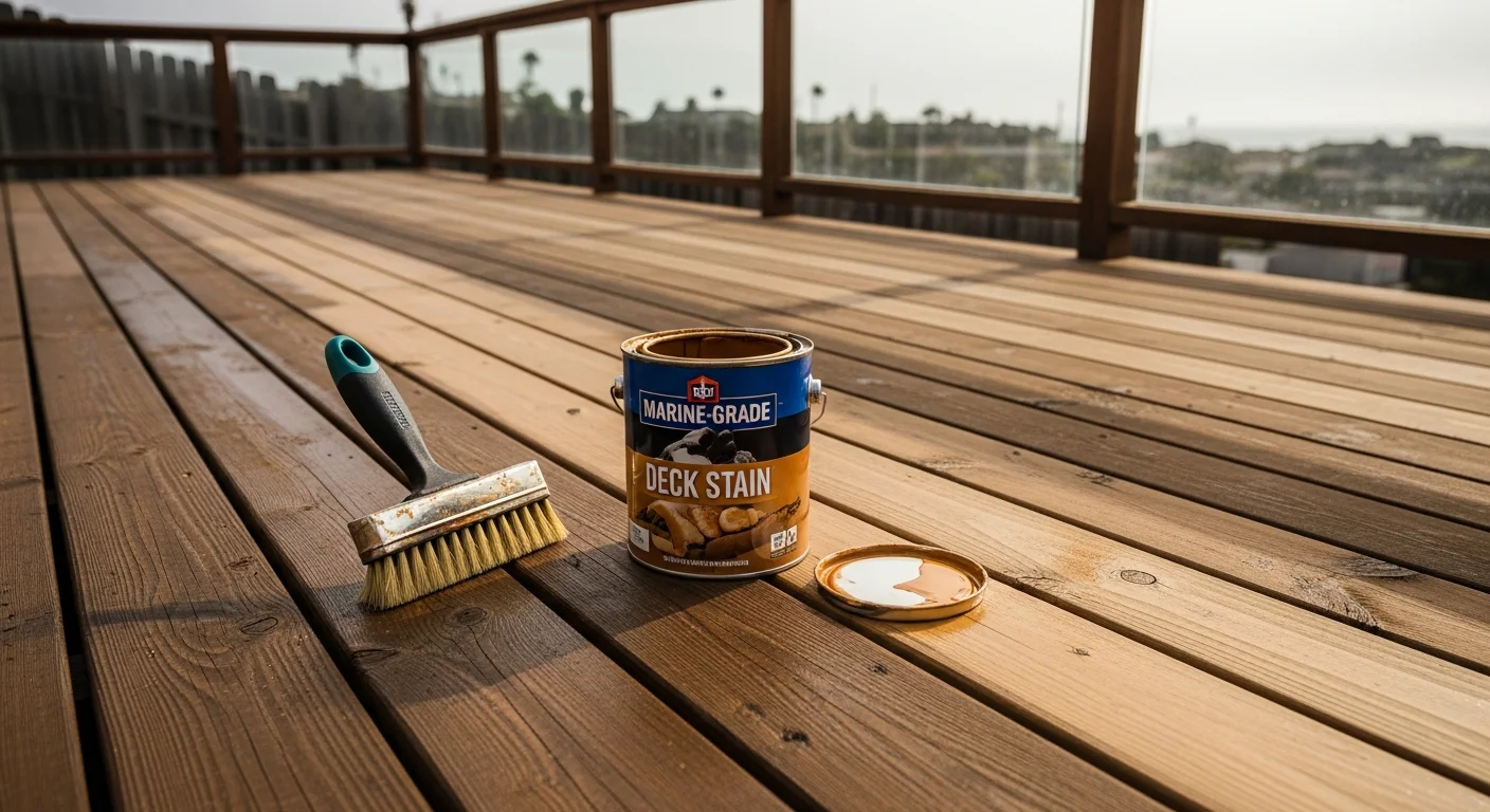 A freshly stained wood deck on a Carlsbad home, showing rich, even color across the boards with no gray weathering or surface cracking. The deck faces toward an open backyard typical of coastal San Diego County properties.