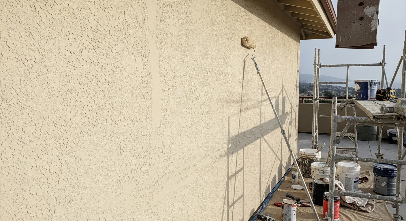 Freshly painted single-story stucco home exterior in Carlsbad, California, showing clean trim lines and an even finish coat on sun-exposed walls. The completed exterior painting work by A & H Sullivan Construction reflects preparation suited to the area's coastal climate.