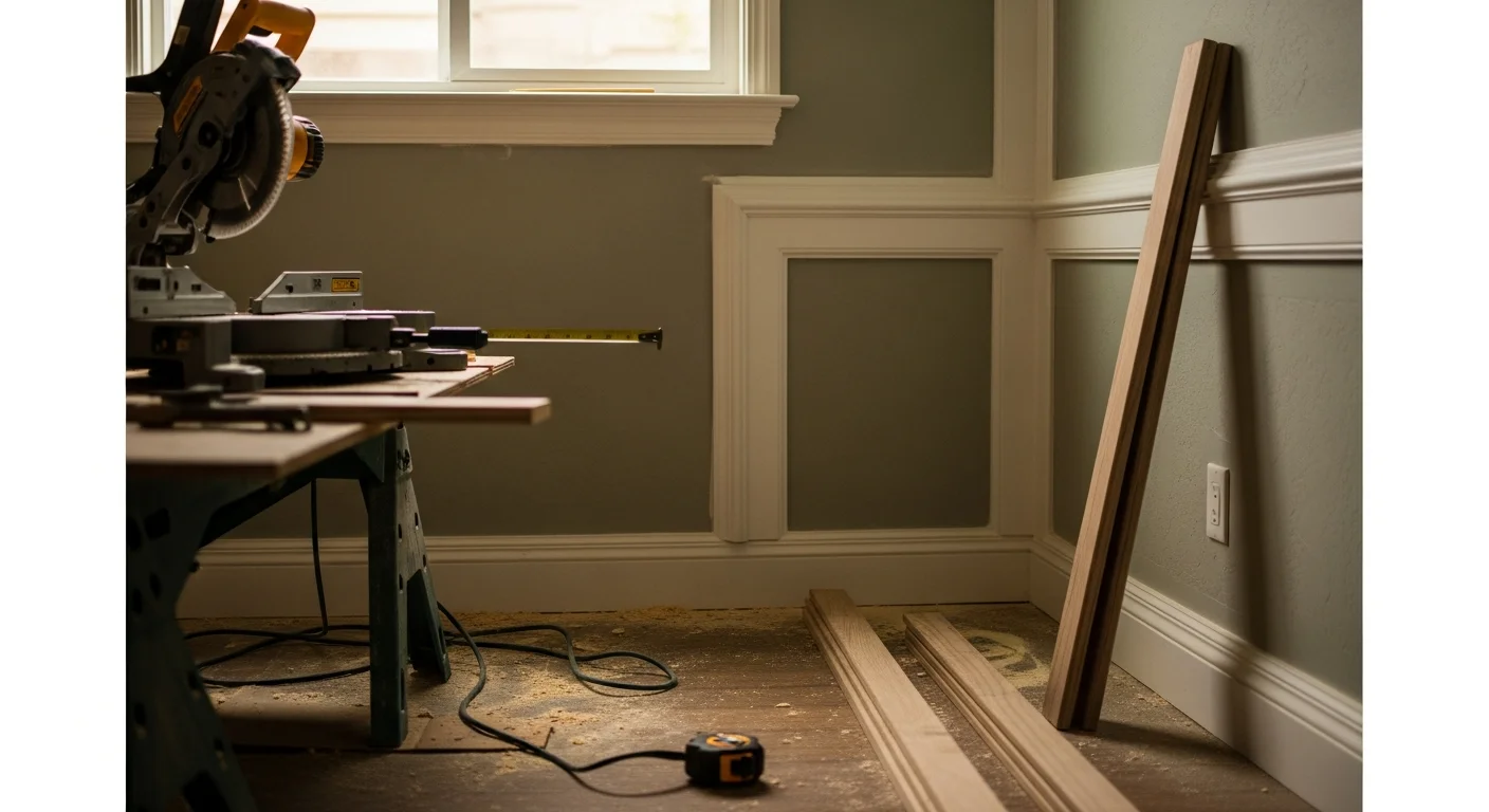 Interior of a Carlsbad home showing freshly installed crown molding and baseboards in a bright living room with white walls. Close-up view highlights tight miter joints at the corners and a consistent reveal along the door casing.