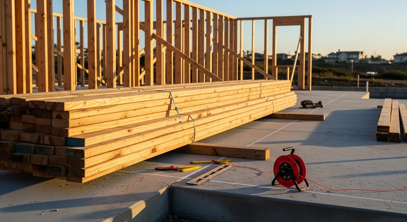 Wood framing for a residential room addition in Carlsbad, California, showing floor joists, exterior wall studs, and roof structure under a clear coastal sky. A general contractor reviews structural framing on a new build lot in a Carlsbad neighborhood.