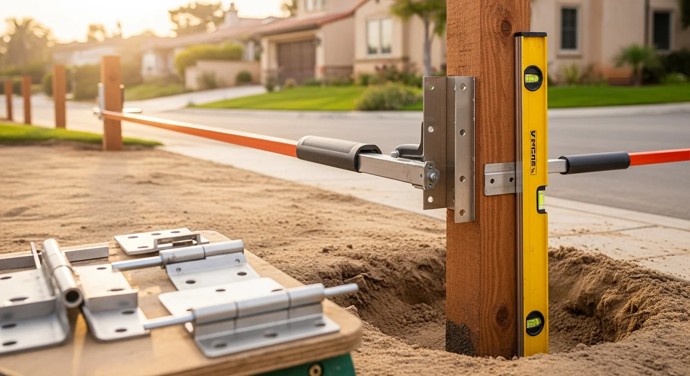 A newly installed metal driveway gate on a residential property in Carlsbad, California, with corrosion-resistant hardware and a clean powder-coated finish. The gate is set between concrete posts on a paved driveway with a coastal neighborhood visible in the background.