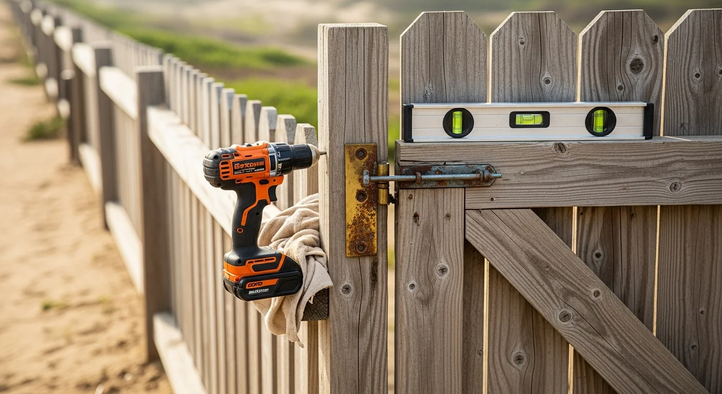 A repaired residential gate with realigned frame and new hinges on a Carlsbad property. The gate closes flush against the post with a secure latch, showing restored function after coastal weather damage.