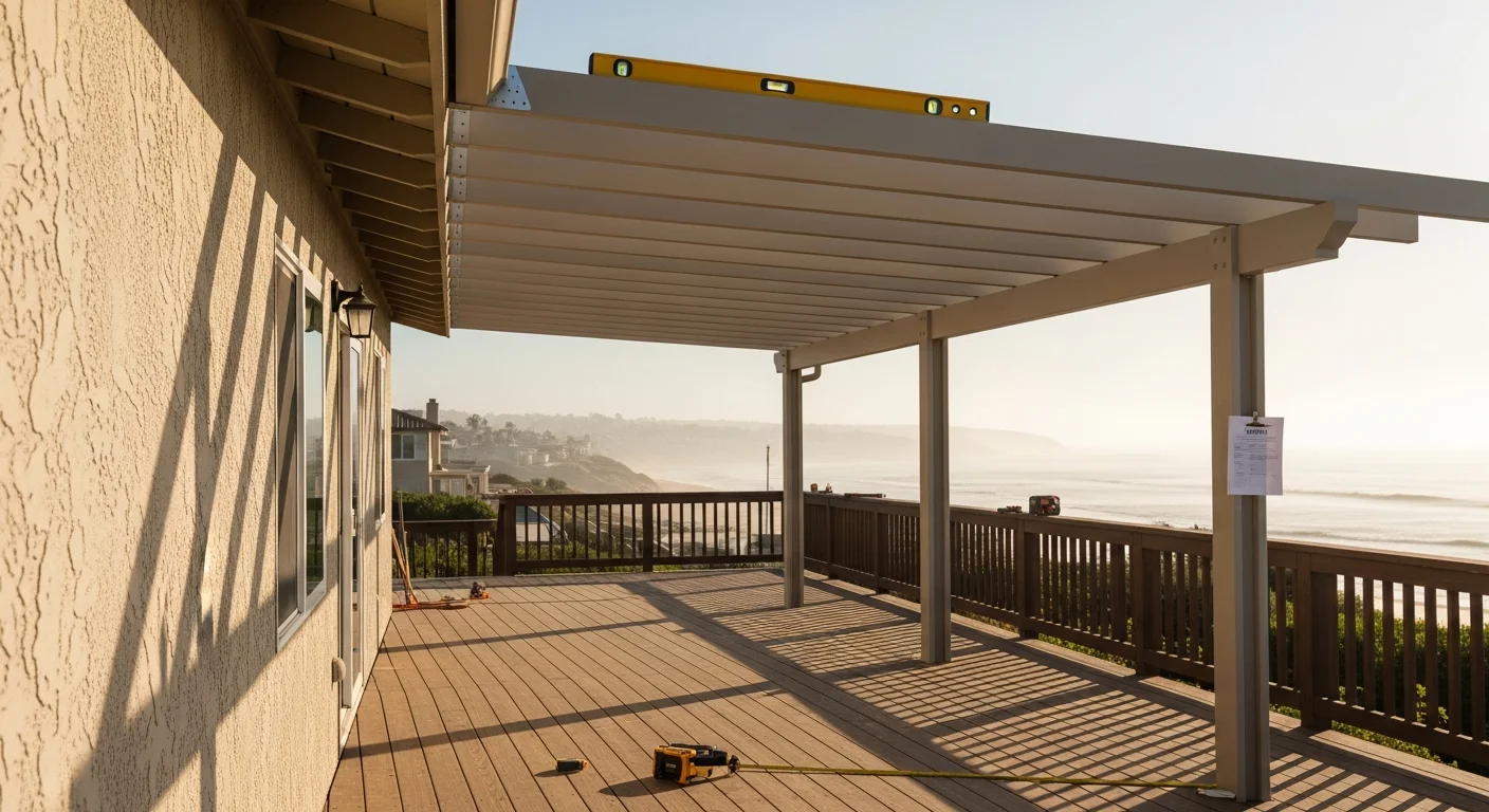 A newly installed solid patio cover attached to the rear of a single-story Carlsbad home, providing full shade over a concrete patio on a sunny afternoon. The cover's clean roofline aligns with the home's exterior trim against a clear coastal sky.