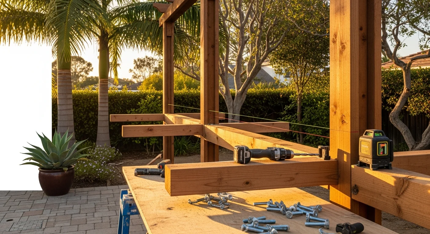 A custom wood pergola installed in a Carlsbad backyard, with open-beam rafters casting shade over a patio seating area. The structure is attached to the rear of a single-story home with a landscaped yard visible in the background.