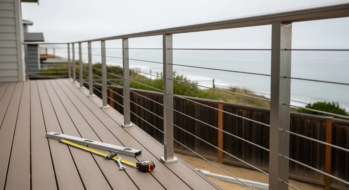 Newly installed wood stair railing on a residential home in Carlsbad, California, with clean post anchoring and a smooth top rail. Exterior deck railing visible in the background against a coastal residential setting.