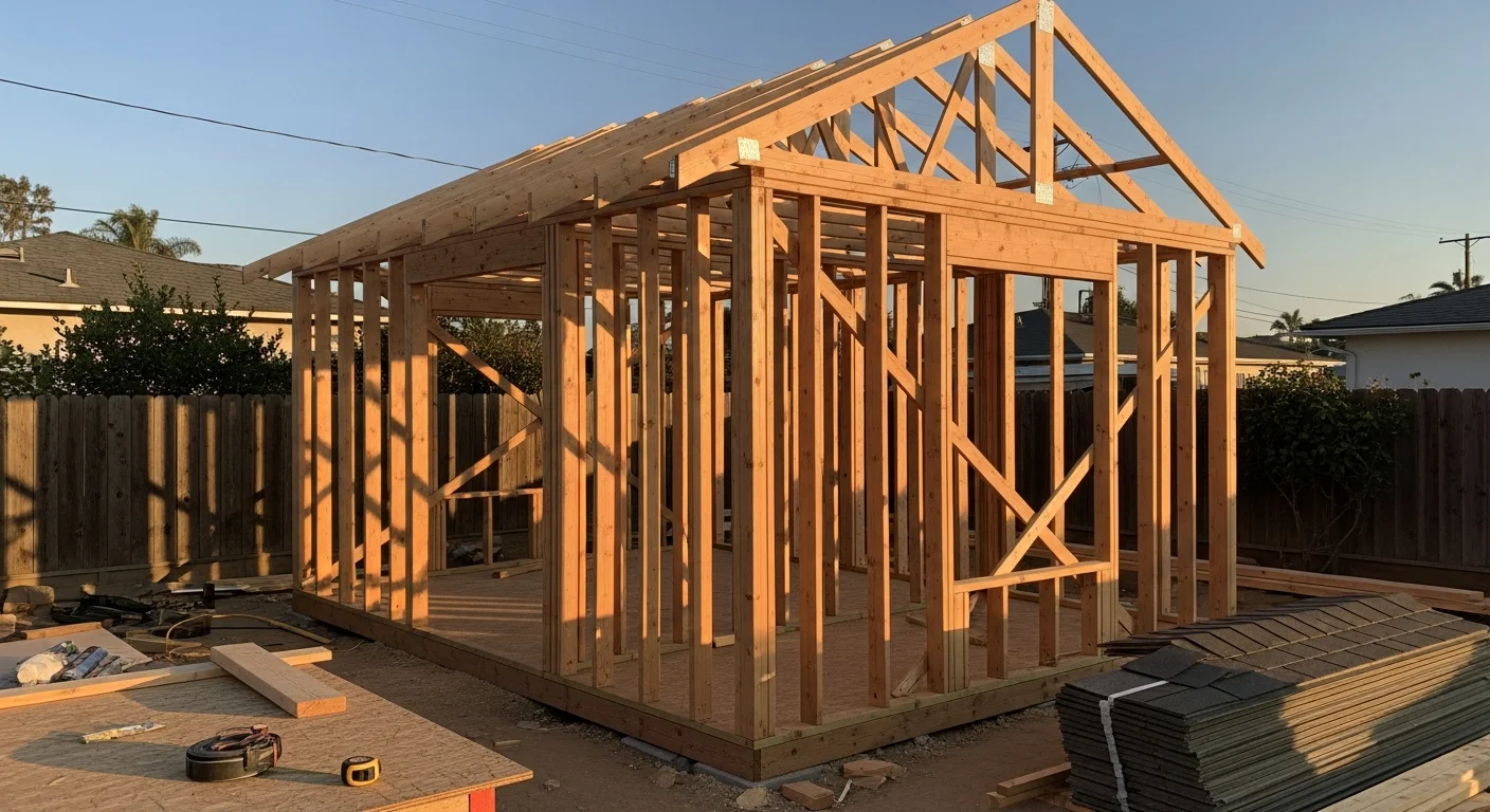 A newly built custom wood-framed storage shed in a Carlsbad residential backyard, with a pitched roof and double doors open to show an organized interior. The structure sits on a concrete foundation with a wood privacy fence and mature landscaping visible in the background.