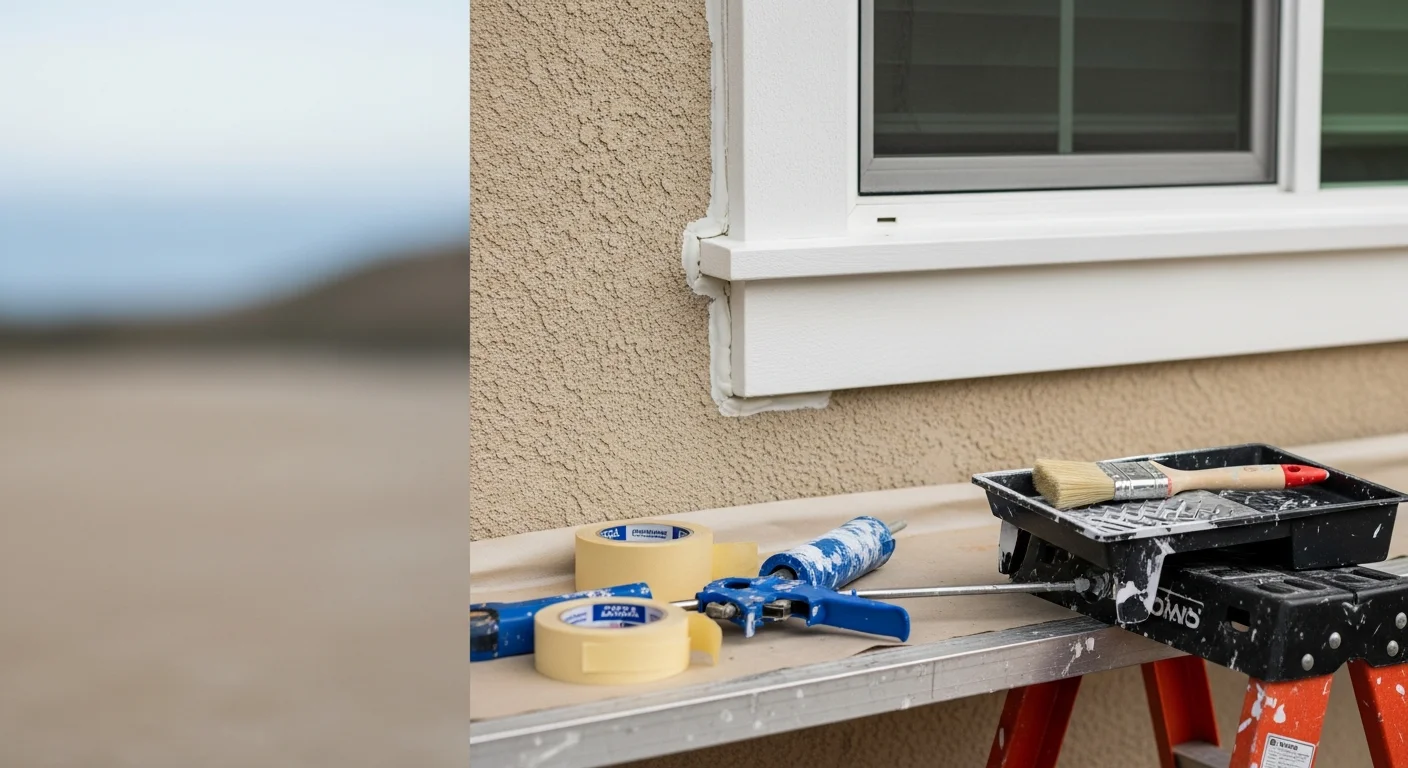 Freshly painted white exterior trim on a two-story stucco home in Carlsbad, California, with clean lines around windows and fascia boards. Close-up view shows sharp edges where trim meets the painted wall surface on a coastal residential property.